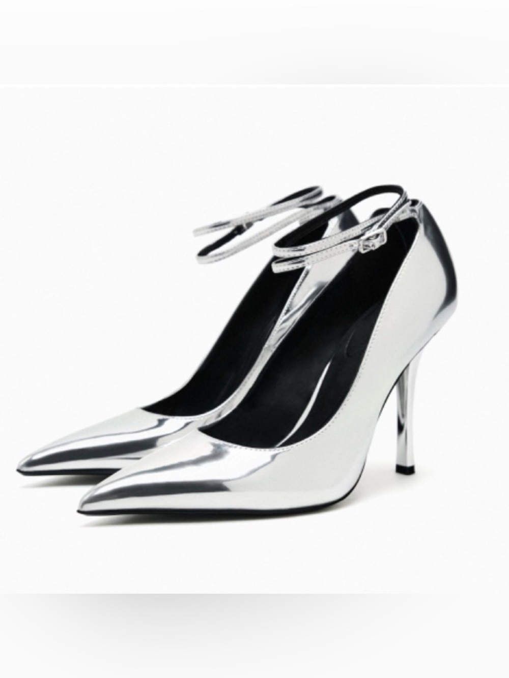 Zara Metallic Silver Pointed Toe Ankle-Strap Heels